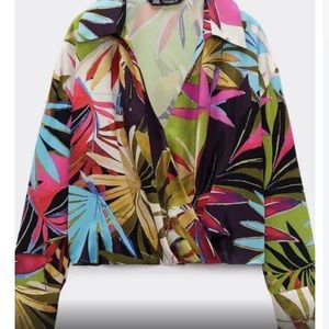 NWT Zara Tropical Palm Printed Satin Blouse